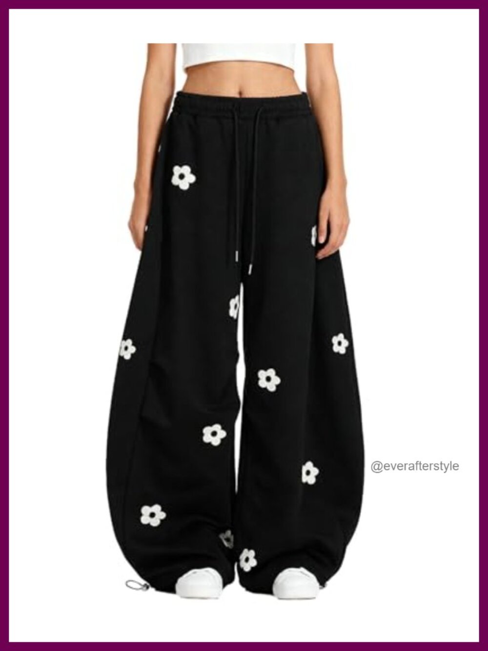 Embroidered Flower Wide Leg Barrel Sweatpants Drawstring Streetwear Joggers